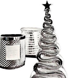 Table Decor 2 Scented Holiday Metallic Silver Jar Candles, Ceramic Xmas Tree NWT